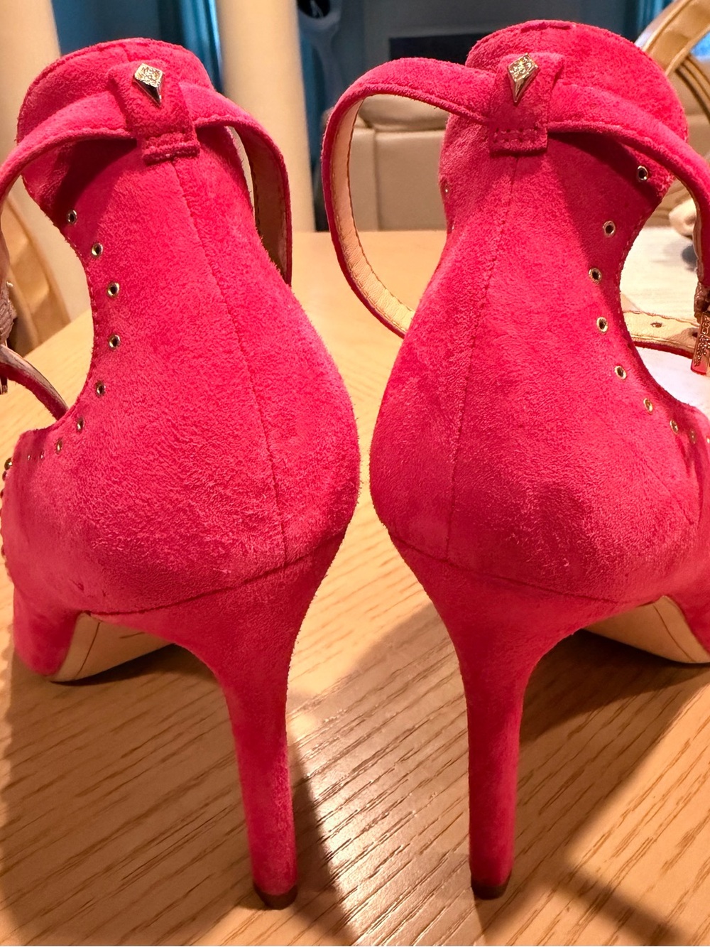 Sam Edelman Pink Studded Suede Pointed Toe Ankle Strap Flats - Picture 4 of 7